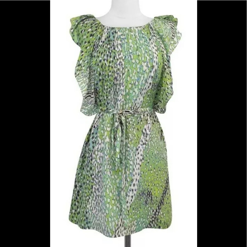 Leifsdottir Anthro Green Animal Print Sz 4 Silk Ruffle Sleeveless Pockets Dress